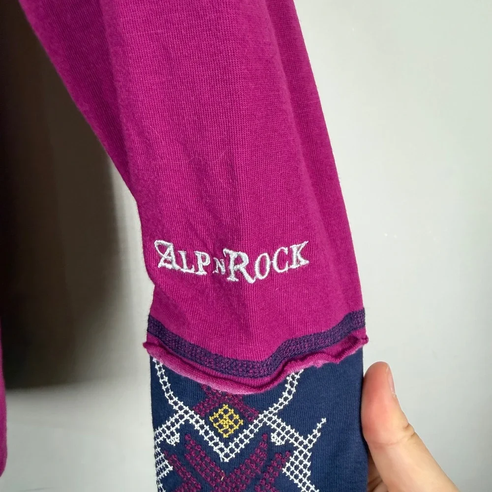 AlpnRock Womens Magenta Organic Cotton Embroidered Henley Long Sleeve Top L